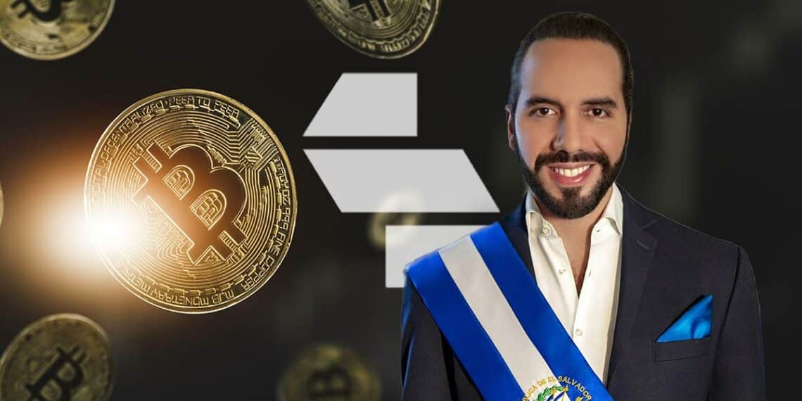 Nayib Bukele junto a unos bitcoins y el logo del bróken Structure.fi.