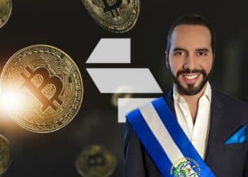 Nayib Bukele junto a unos bitcoins y el logo del bróken Structure.fi.