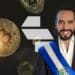 Nayib Bukele junto a unos bitcoins y el logo del bróken Structure.fi.