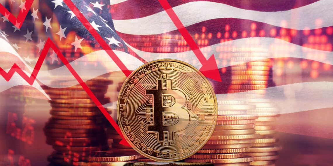 Bitcoin junto a un gráfico bajista, que representa las acciones de Estados Unidos.