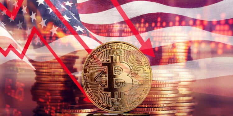 Bitcoin junto a un gráfico bajista, que representa las acciones de Estados Unidos.