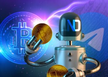 robot de LND sosteniendo moneda de bitcoin con bitcoin atravesado por relampagos y logo de telegram en el fondo