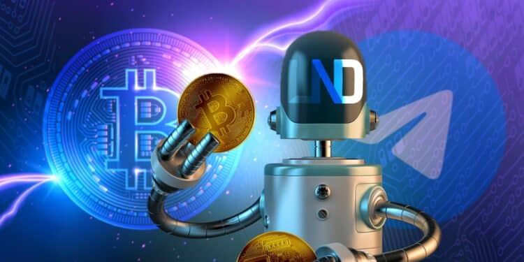 robot de LND sosteniendo moneda de bitcoin con bitcoin atravesado por relampagos y logo de telegram en el fondo