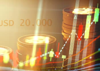 monedas de bitcoin con gráfico de precio ascendente superpuesto