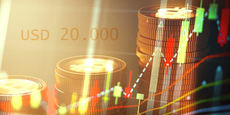 monedas de bitcoin con gráfico de precio ascendente superpuesto