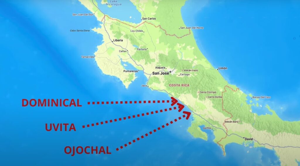 ubicación de los pueblos Dominical, Uvita y Ojochal, en el mapa de Costa Rica.