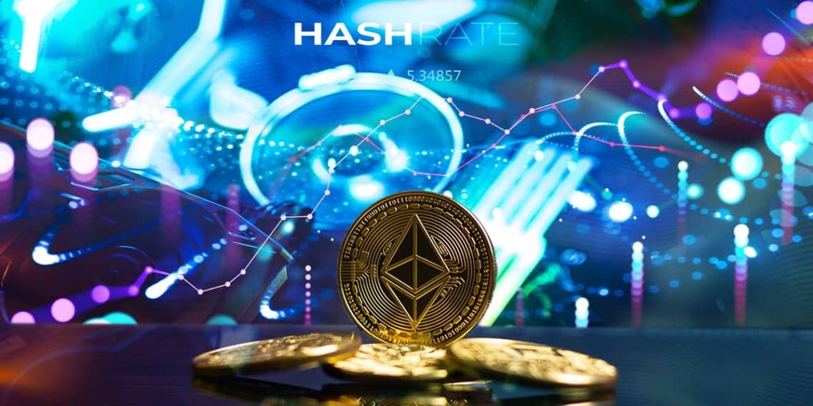 moneda de ethereum classic con mineros y red digital en el fondo indicando aumento en el hashrate