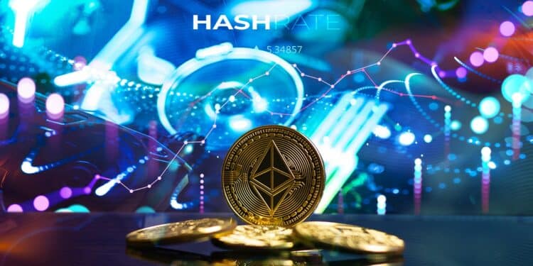moneda de ethereum classic con mineros y red digital en el fondo indicando aumento en el hashrate