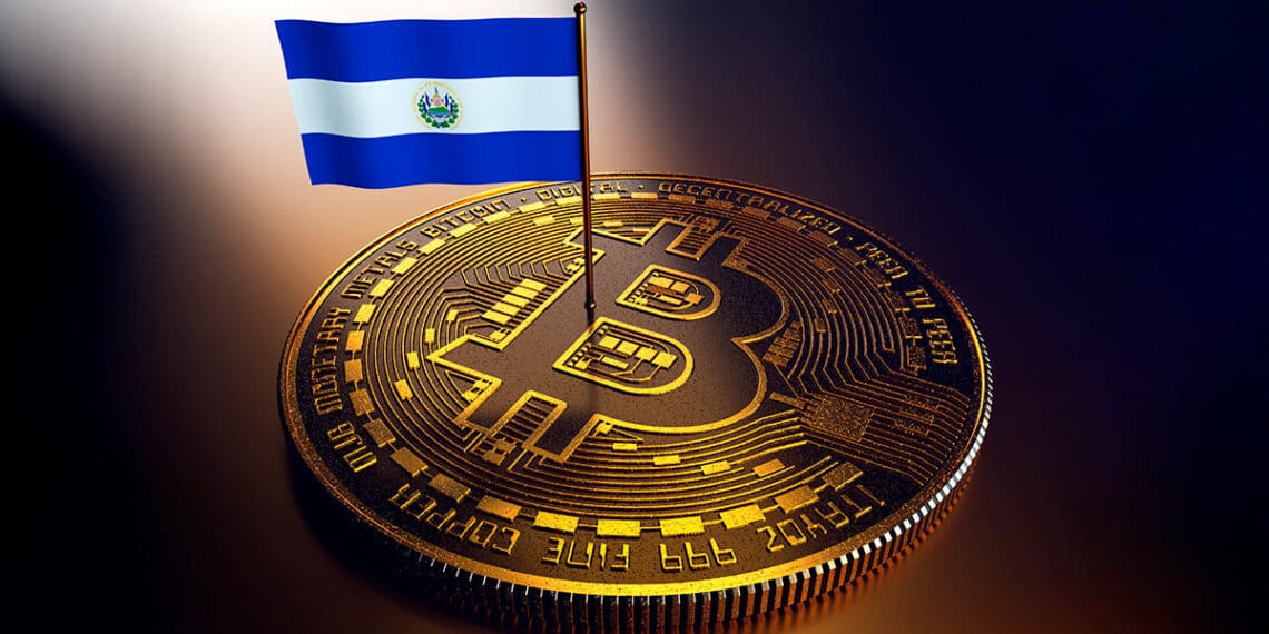 bandera de el salvador incrustada en moneda de bitcoin