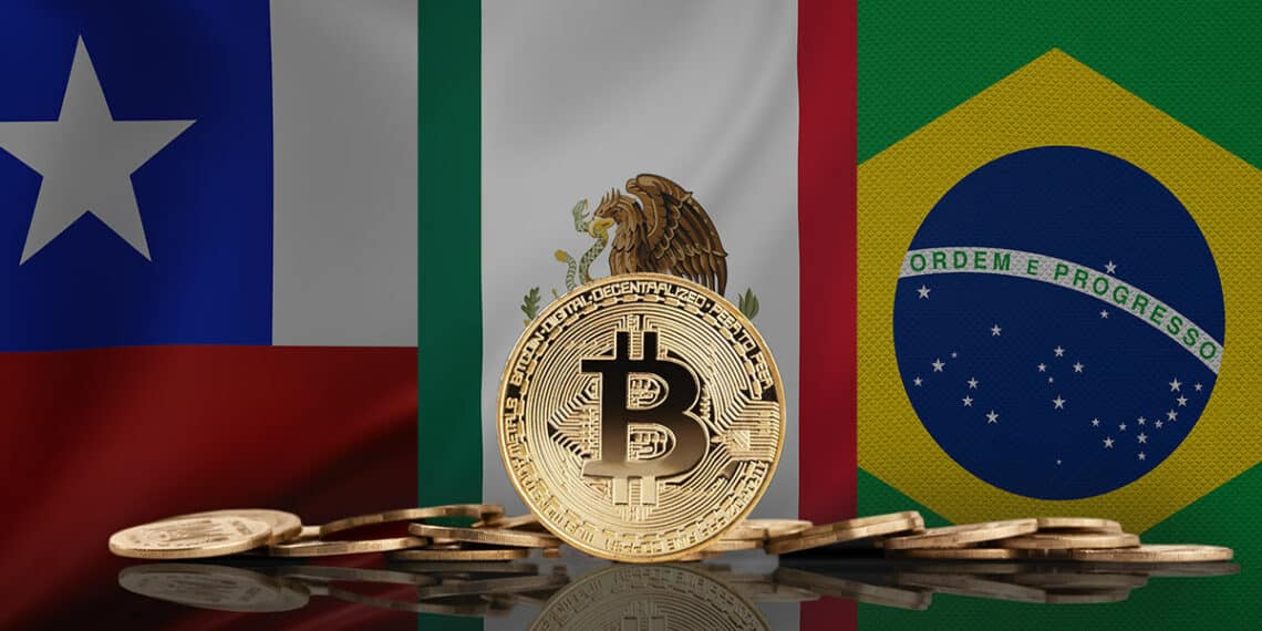 Bitcoin acompañado de las banderas de Chile, México y Brasil.