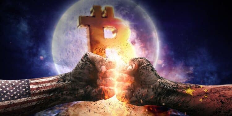 puños en choque con banderas de Estados Unidos y China pintadas con bitcoin frente a la luna en el fondo