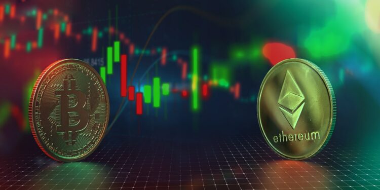 monedas de Bitcoin y Ethereum con gráfico de precio mostrando subida