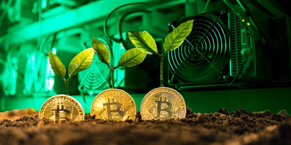 Mineros junto a plantas de bitcoin.