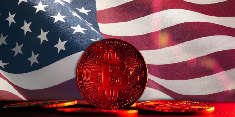 Bitcoin rojo y bandera de Estados Unidos