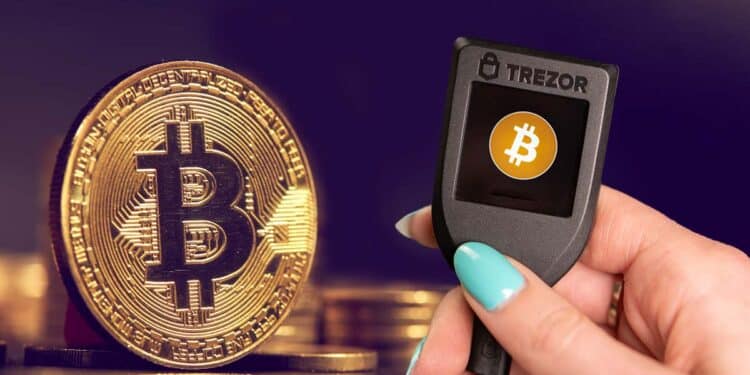 Trezor junto a monedas de Bitcoin.