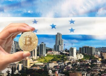 mano sostiene moneda de bitcoin en frente de ciudad con bandera de Honduras en el fondo