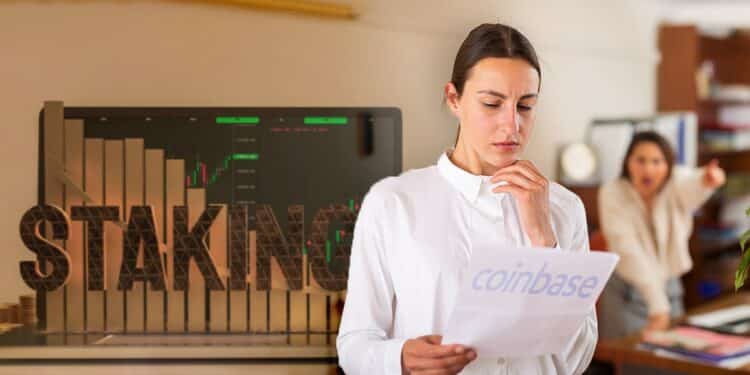 mujer evalua documento de coinbase considerando staking de criptomonedas por críticas