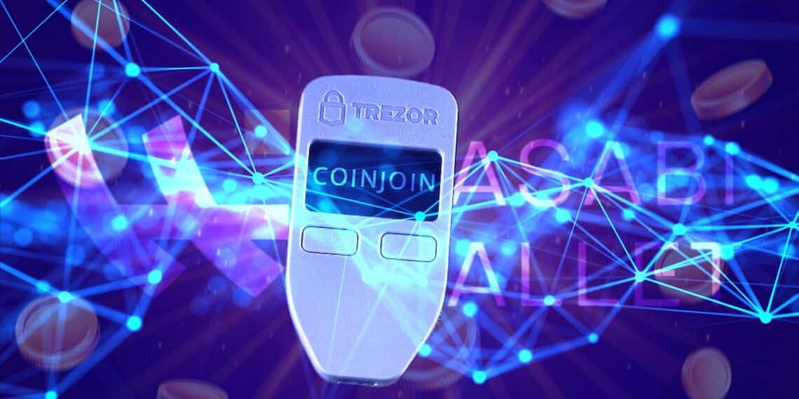 monedero trezor mostrando coinjoin en la pantalla con red digital, monedas y logo de wasabi wallet en el fondo