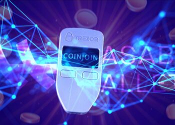 monedero trezor mostrando coinjoin en la pantalla con red digital, monedas y logo de wasabi wallet en el fondo