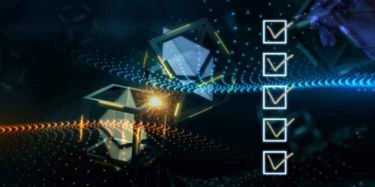 checklist junto a bloques de ethereum fusionandose con red digital en el fondo