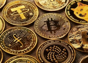 criptomonedas doradas sobre mesa
