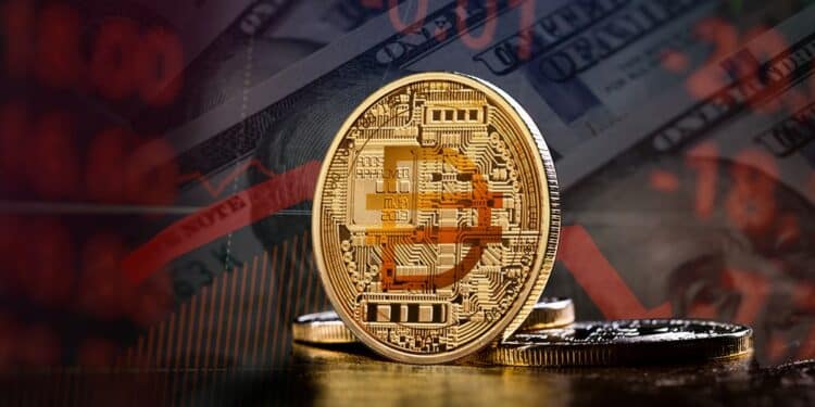 moneda de DAI con billetes de dólar y gráfico bajista en el fondo