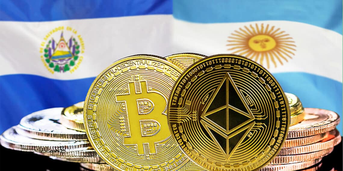 Bitcoin y Ethereum junto a bandera de Argentina y El Salvador.