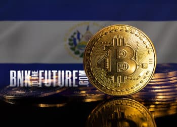 Bitcoin junto al logo del banco "Bank to the Future" acompañados de la bandera de El Salvador.