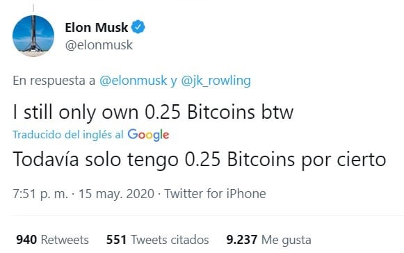 Tuit de Elon Musk sobre Bitcoin