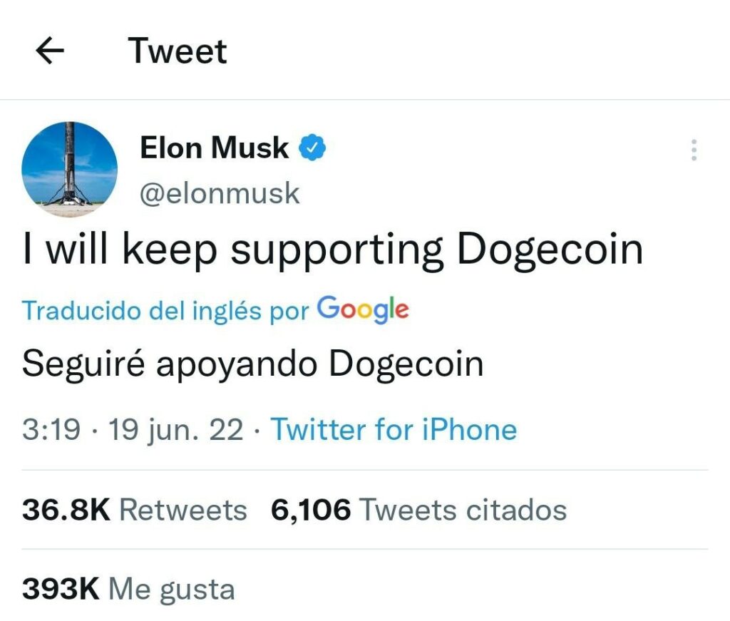 Tuit de Elon Musk sobre Dogecoin