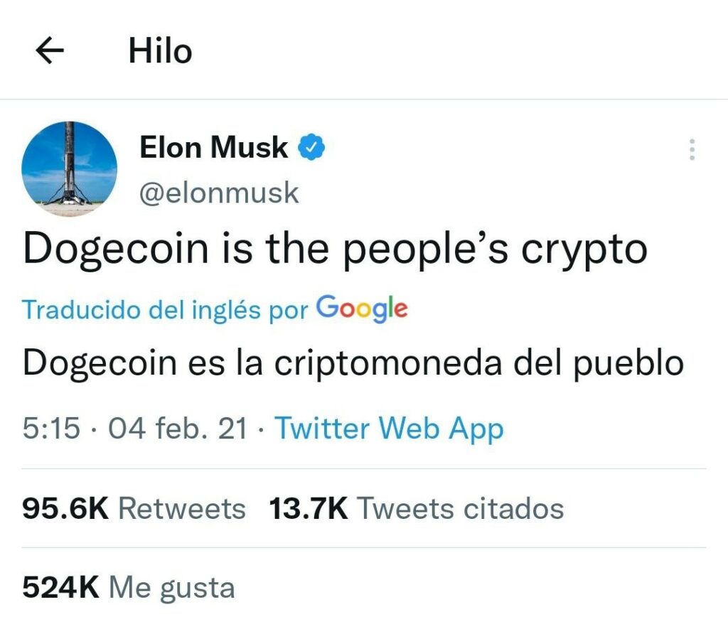 Tuit de Elon Musk sobre Dogecoin