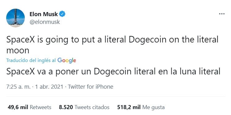 Tuit de Elon Musk sobre Dogecoin y SpaceX