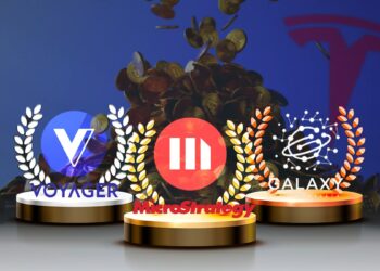 logos de MicroStrategy, Galaxy Digital y Voyaer en podio con pila de monedas de bitcoin en el fondo y logo de tesla