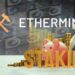 monedas acumuladas detrás de alcancía de cocio y bolsa con loso de ethereum con mineros de gpu en el fondo con logo de ethermine superpuesto