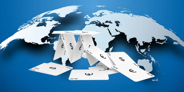 Cartas con dinero fiat junto al mapa mundial.