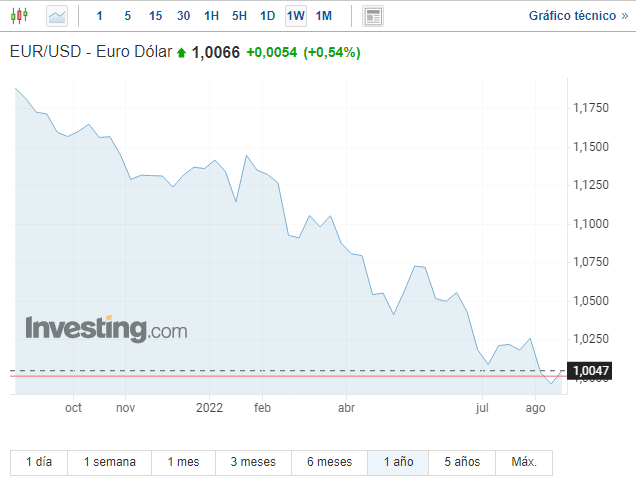 Precio del euro a lo largo de 1 año.