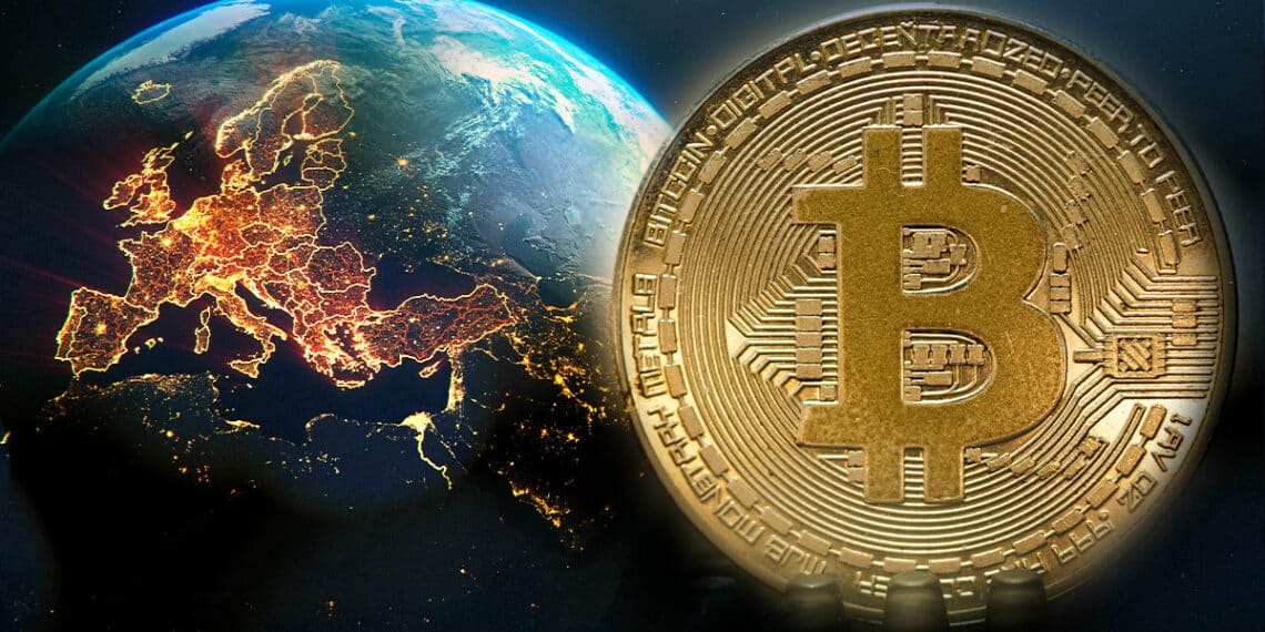 moneda de bitcoin con globo terraqueo en el fondo monstrando iluminado el continente europeo