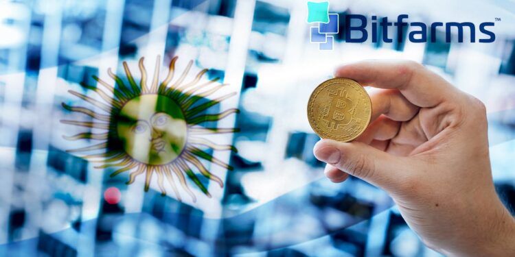 Mineros de Bitcoin con logo de BItfarms y bandera de Argentina