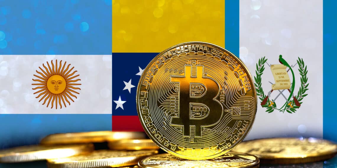 Bitcoin acompañado de las banderas de Argentina, Guatemala y Venezuela.