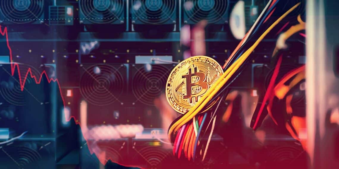 moneda de bitcoin sostenida por cables con mineros asic en el fondo y gráfico descendente en rojo superpuesto