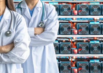 médicon en frente de rigs para la minería de bitcoin