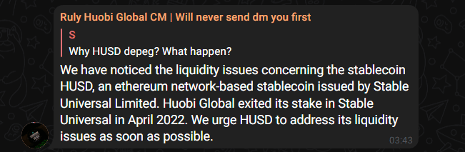 Huobi disassociated itself from HUSD.
