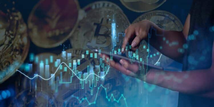 hombre sostiene tablet con criptomonedas y gráficos alcistas de precio en el fondo