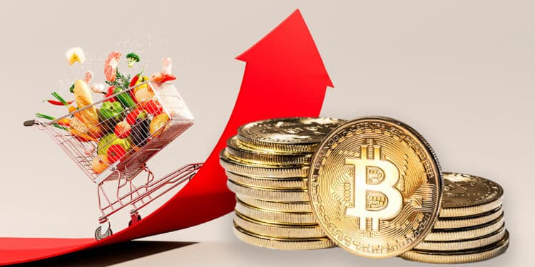 Flecha con carrito de supermercado representando la inflación y pila de bitcoin
