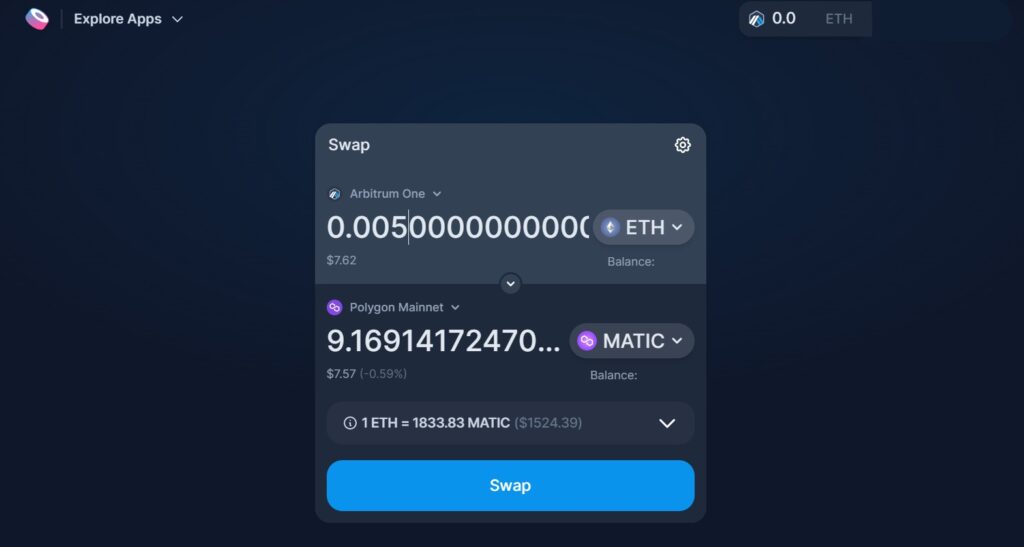 muestra del intercambio en SushiXswap de tokens entre cadenas