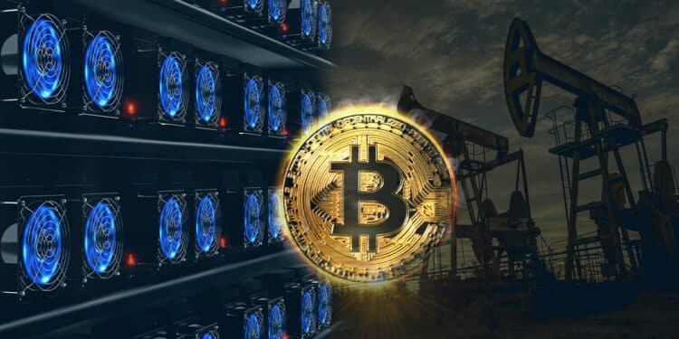 moneda de bitcoin brillante en frente de rigs de asic y extractores de petróleo