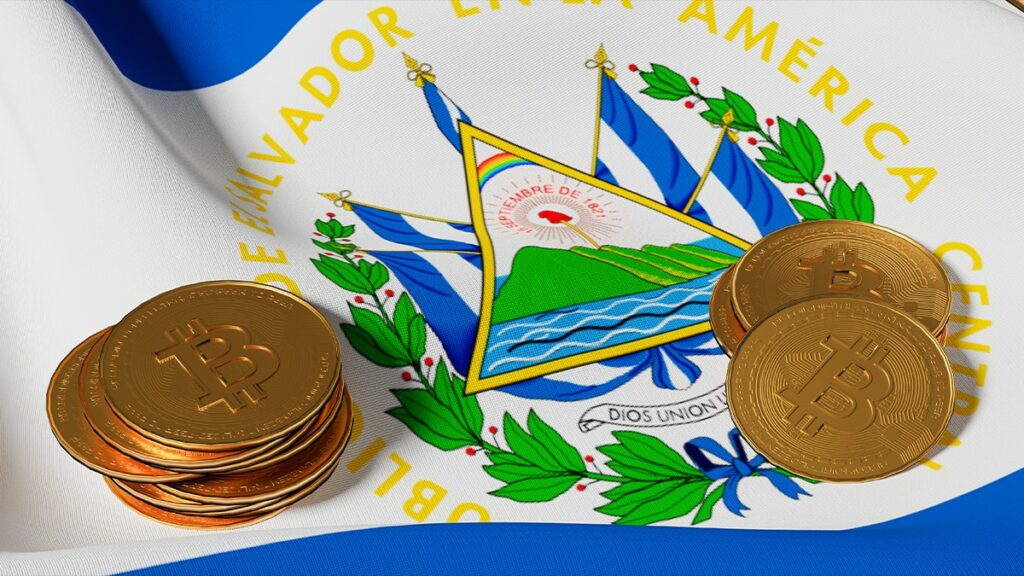 monedas de bitcoin sobre bandera de El Salvador