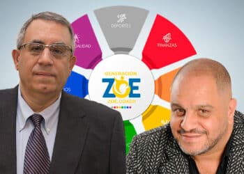 Carlos Maslaton en frente de publicidad de generación Zoe con CEO Leonardo Cositorto