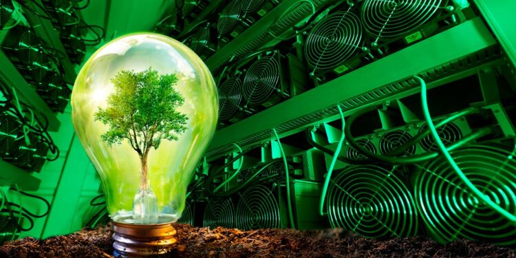 Árbol dentro de bombillo con mineros asic en el fondo
