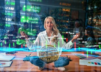 mujer meditando con moneda de bitcoin en sus piernas con gráficos de mercado en el fondo